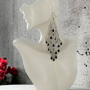 NEW/NWT Dramatic COOKIE LEE Silver Filagree Black Beaded Drop Earrings